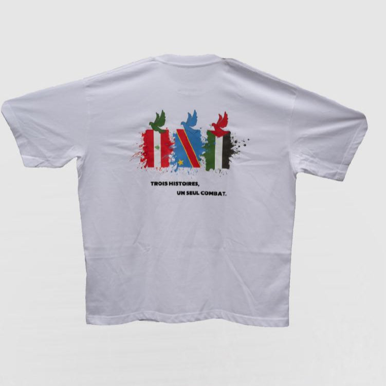 Dos du t-shirt Unmatch "3 histoires 1 combat" avec drapeaux Liban Congo Palestine et slogan solidaire
