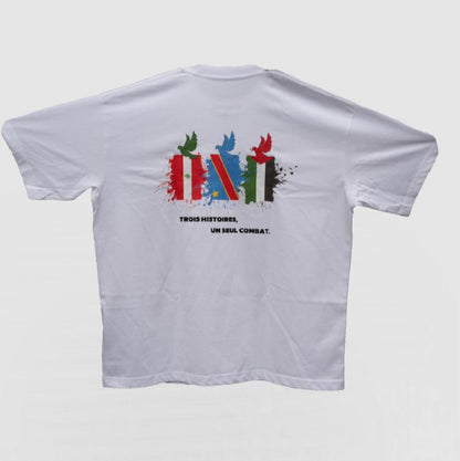 Dos du t-shirt Unmatch "3 histoires 1 combat" avec drapeaux Liban Congo Palestine et slogan solidaire