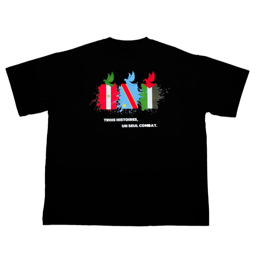 Dos du t-shirt noir Unmatch "3 histoires 1 combat" avec drapeaux Liban Congo Palestine et slogan solidaire