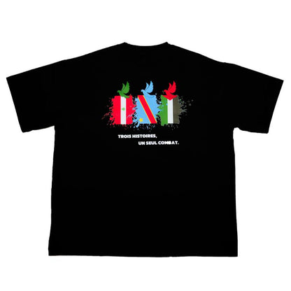 Dos du t-shirt noir Unmatch "3 histoires 1 combat" avec drapeaux Liban Congo Palestine et slogan solidaire